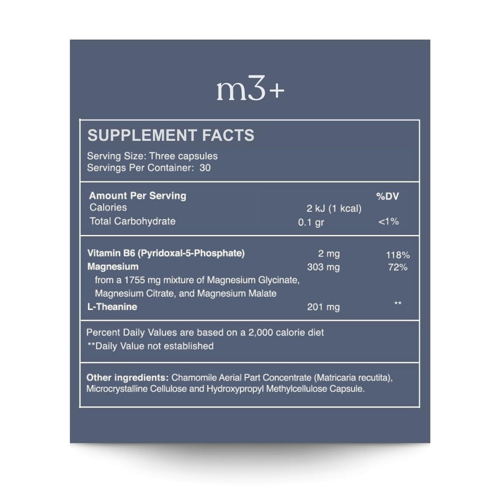 Reset Wellness M3+ bottle ingredients label showing citrate glycinate and malate blend.