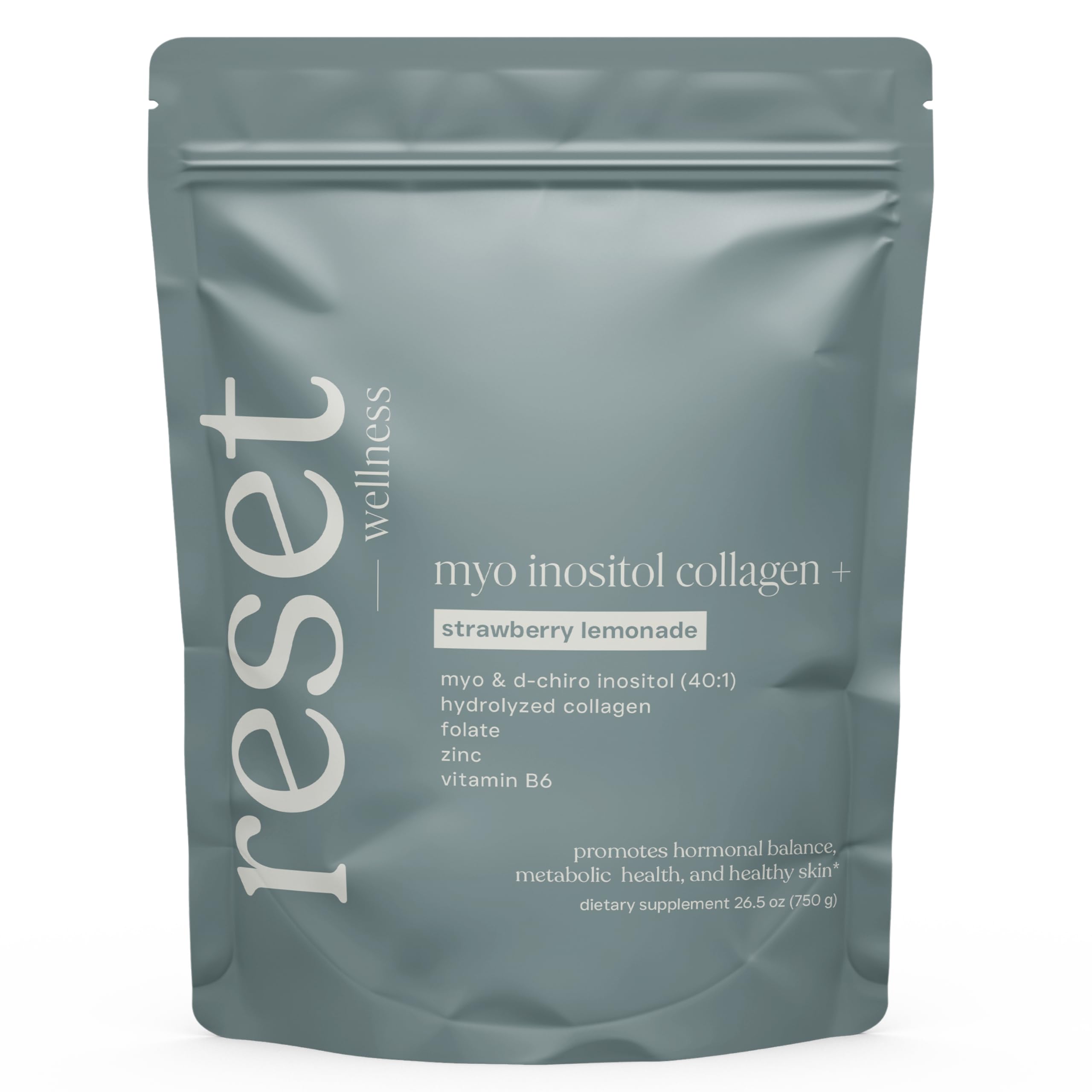 Reset Wellness MYO INOSITOL Collagen bottle pour for daily hormonal balance.