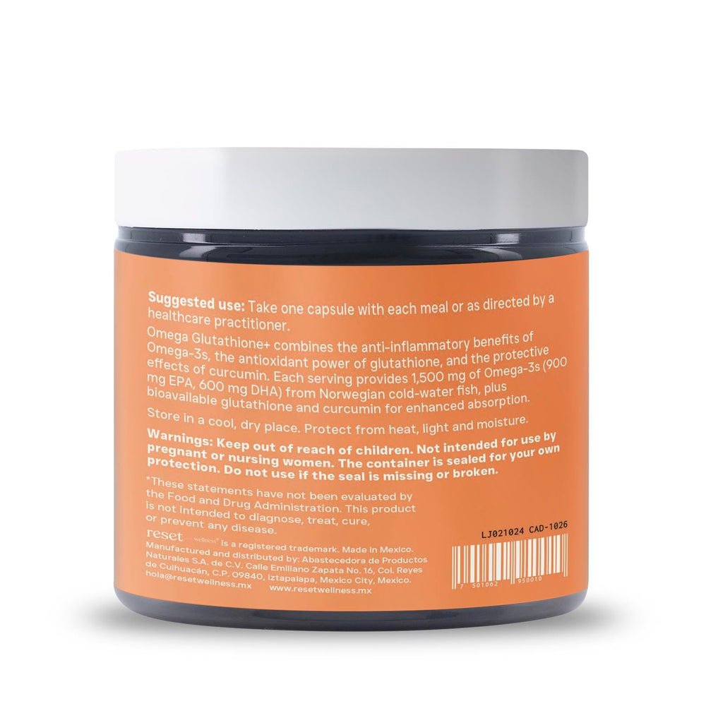 Reset Wellness Omega GLUTATHIONE+ recyclable packaging shown beside a healthy lifestyle.