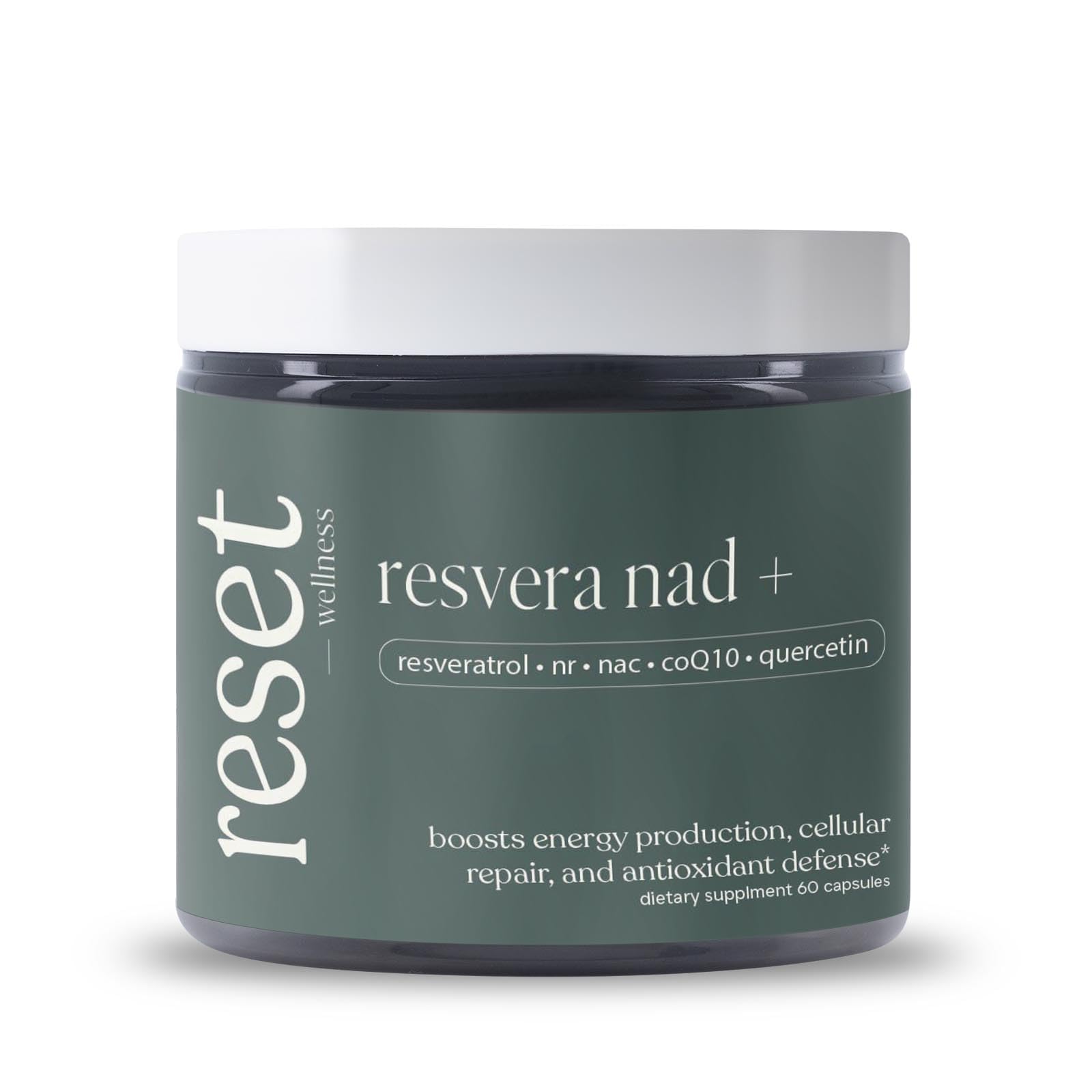 Reset Wellness Resvera NAD+ bottle front highlighting cellular energy support.