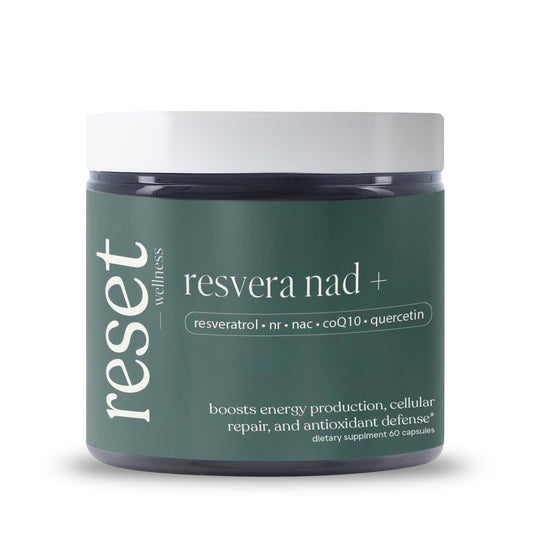 Reset Wellness Resvera NAD+ bottle front highlighting cellular energy support.