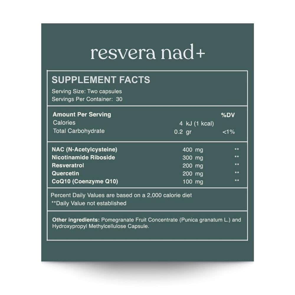 Close-up of Resvera NAD+ label emphasizing NR and CoQ10.