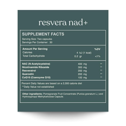 Close-up of Resvera NAD+ label emphasizing NR and CoQ10.