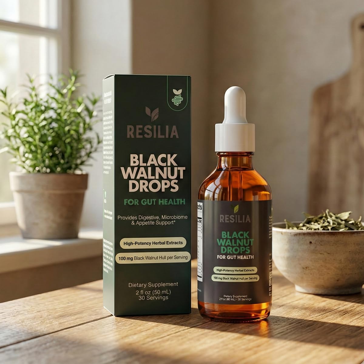 Resilia Herbal Cleanse Liquid Drops poured into water for quick use.