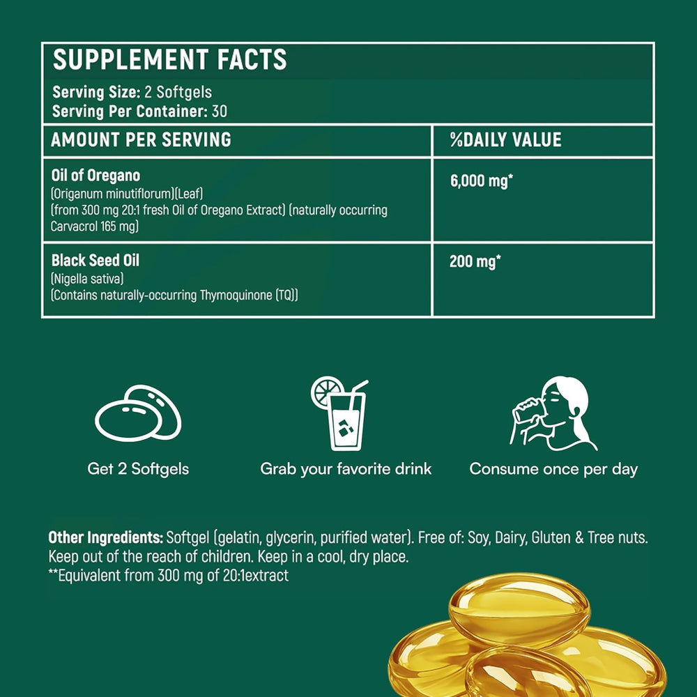 Resilia Oil Of Oregano Softgels bottle side highlighting ingredients for everyday balance