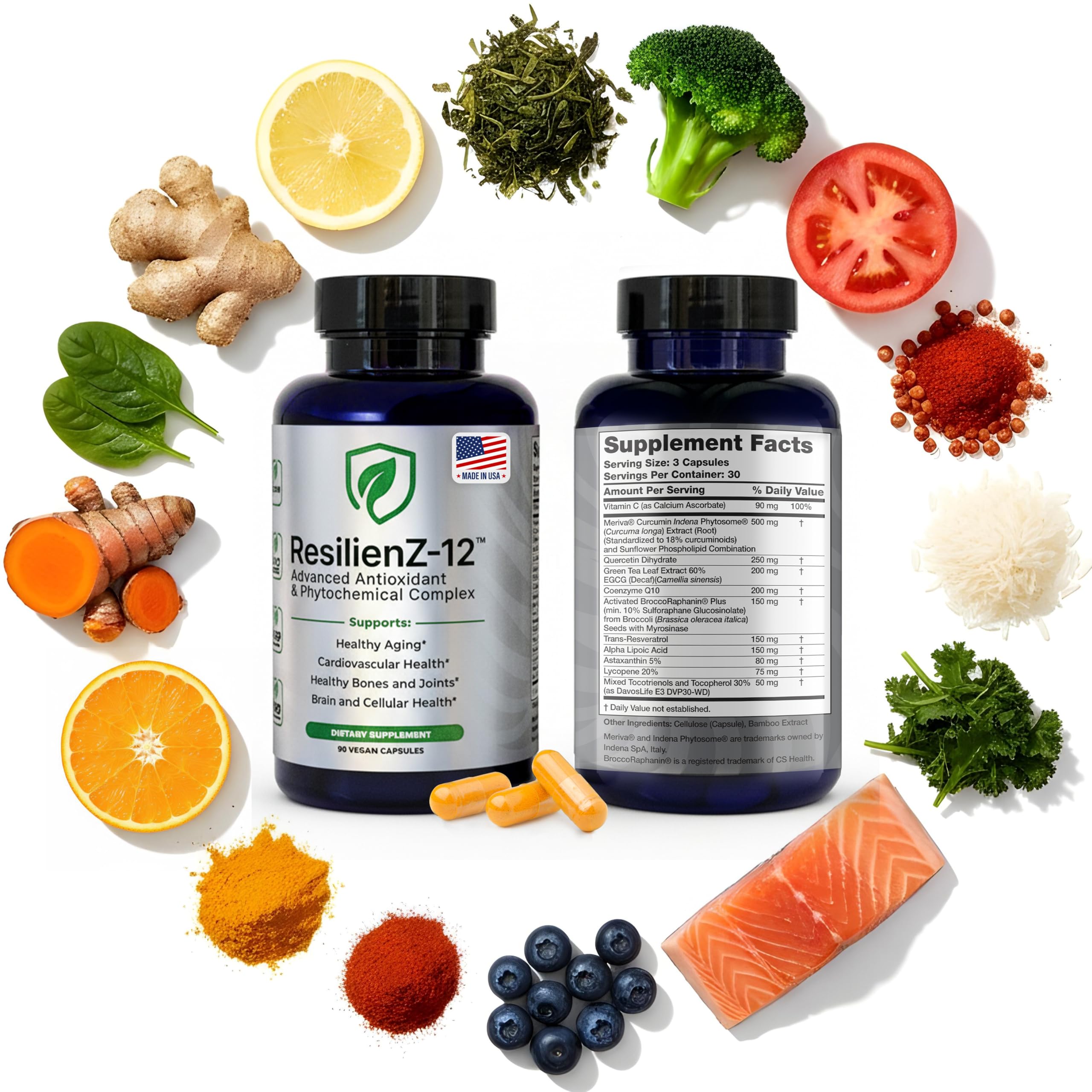 ResilienZ-12 bottle pour showing capsules for daily antioxidant support and vitality