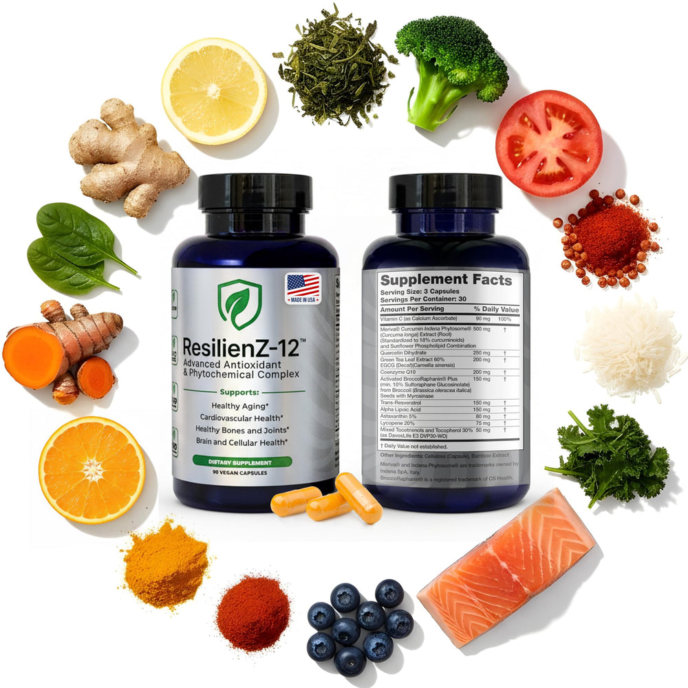ResilienZ-12 bottle pour showing capsules for daily antioxidant support and vitality