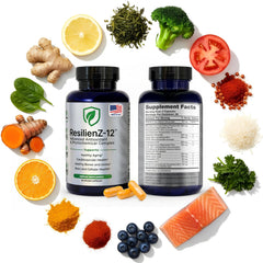 ResilienZ-12 bottle pour showing capsules for daily antioxidant support and vitality