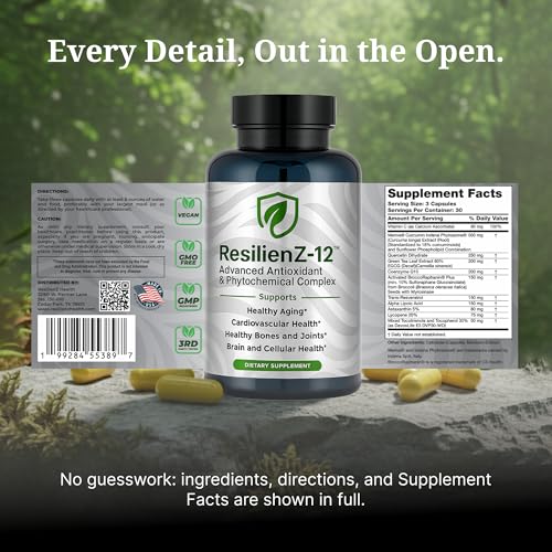 ResilienZ-12 capsules closeup highlighting easy-to-swallow antioxidant capsules