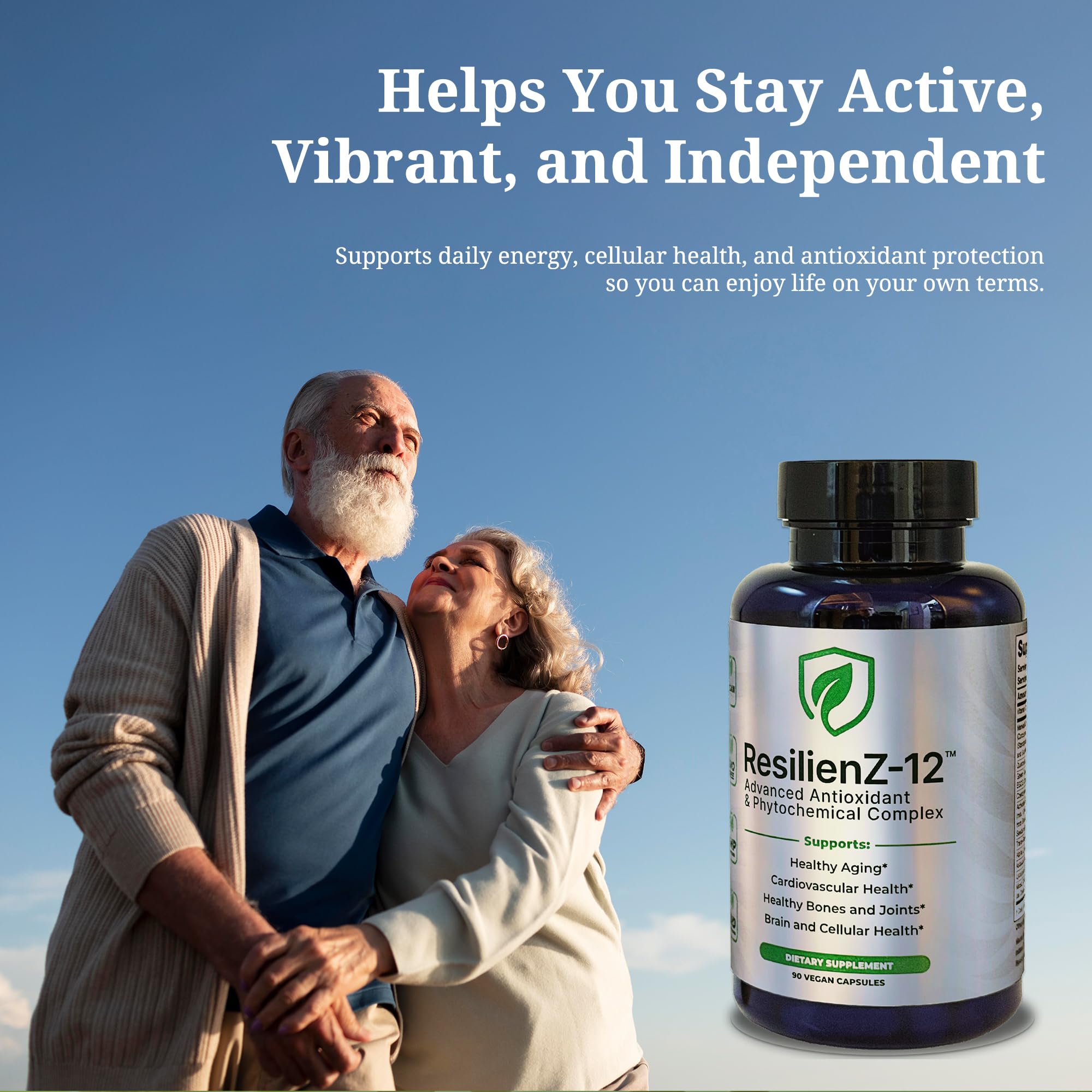 ResilienZ-12 Trans-Resveratrol capsules with label for daily aging support
