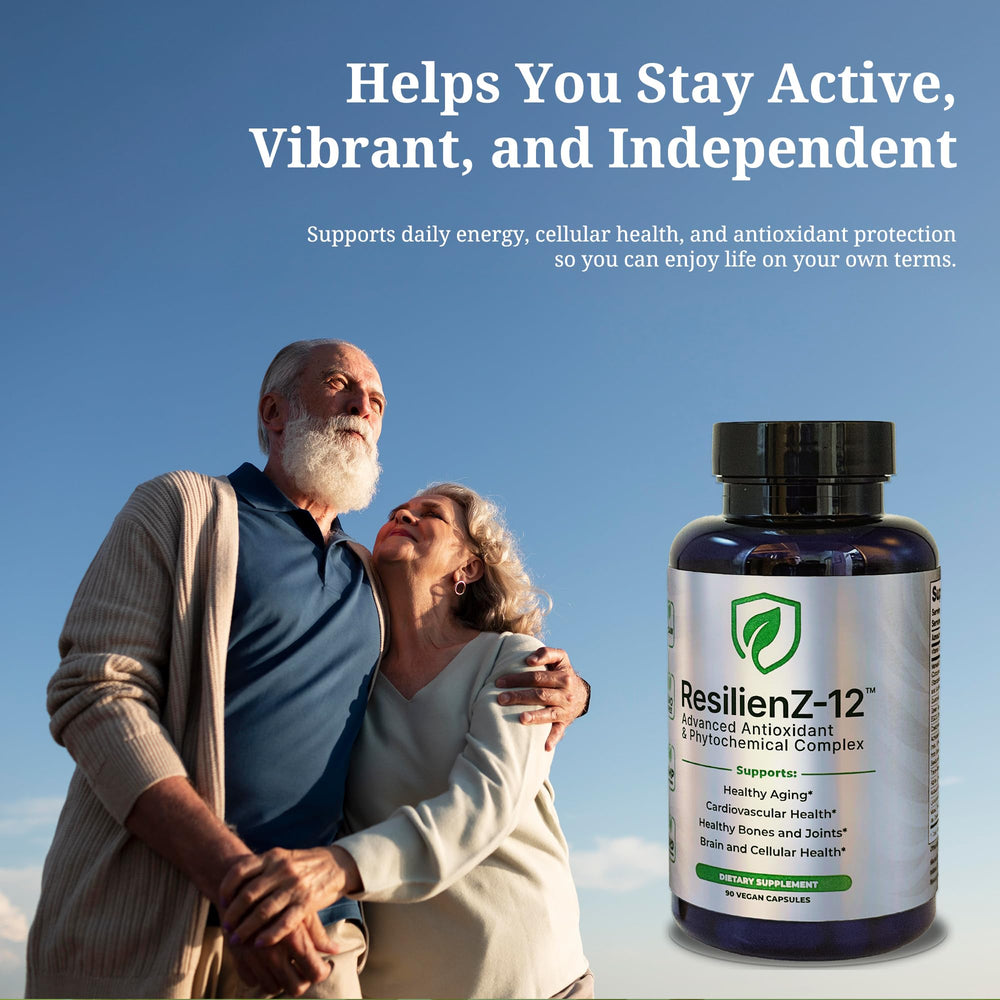 ResilienZ-12 Trans-Resveratrol capsules with label for daily aging support