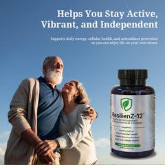 ResilienZ-12 Trans-Resveratrol capsules with label for daily aging support