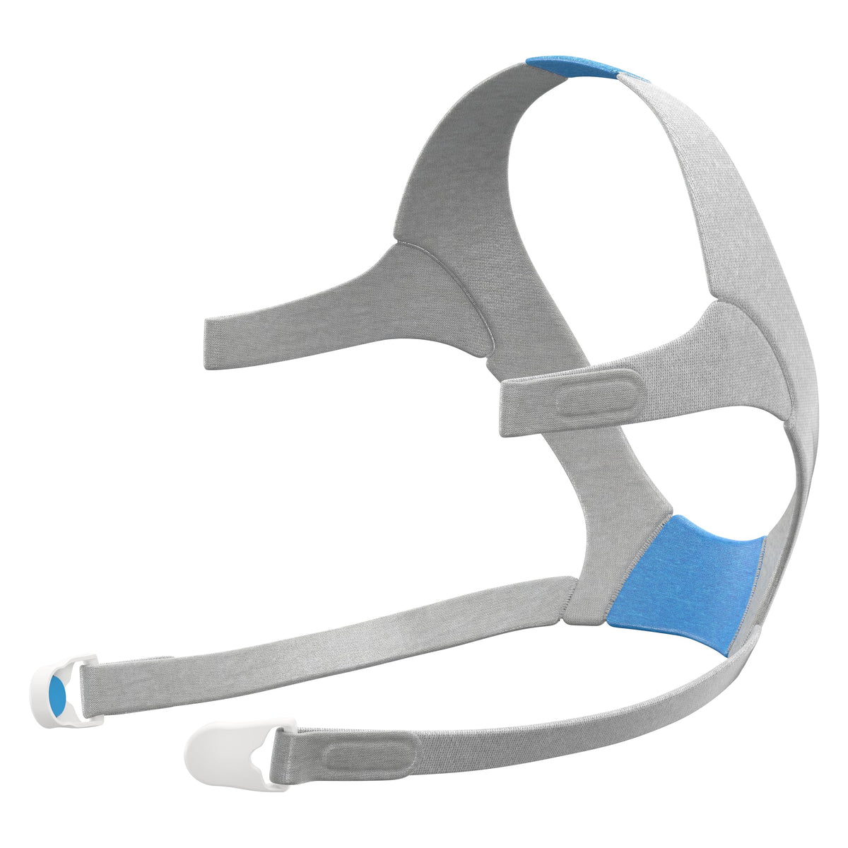 ResMed AirFit F20 headgear blue close-up showing soft, flexible straps for comfortable wear.
