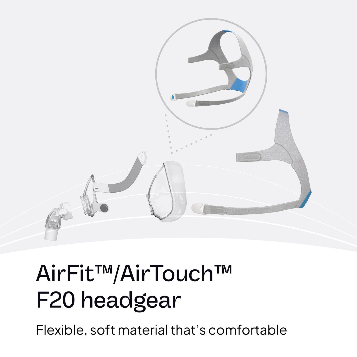 ResMed AirFit F20 headgear blue strap detail highlighting adjustability for a secure fit.