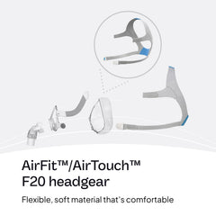 ResMed AirFit F20 headgear blue strap detail highlighting adjustability for a secure fit.