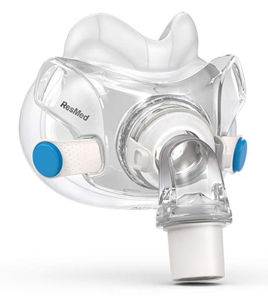 ResMed AirFit F30 frame system full-face image showing minimal contact design and secure seal.