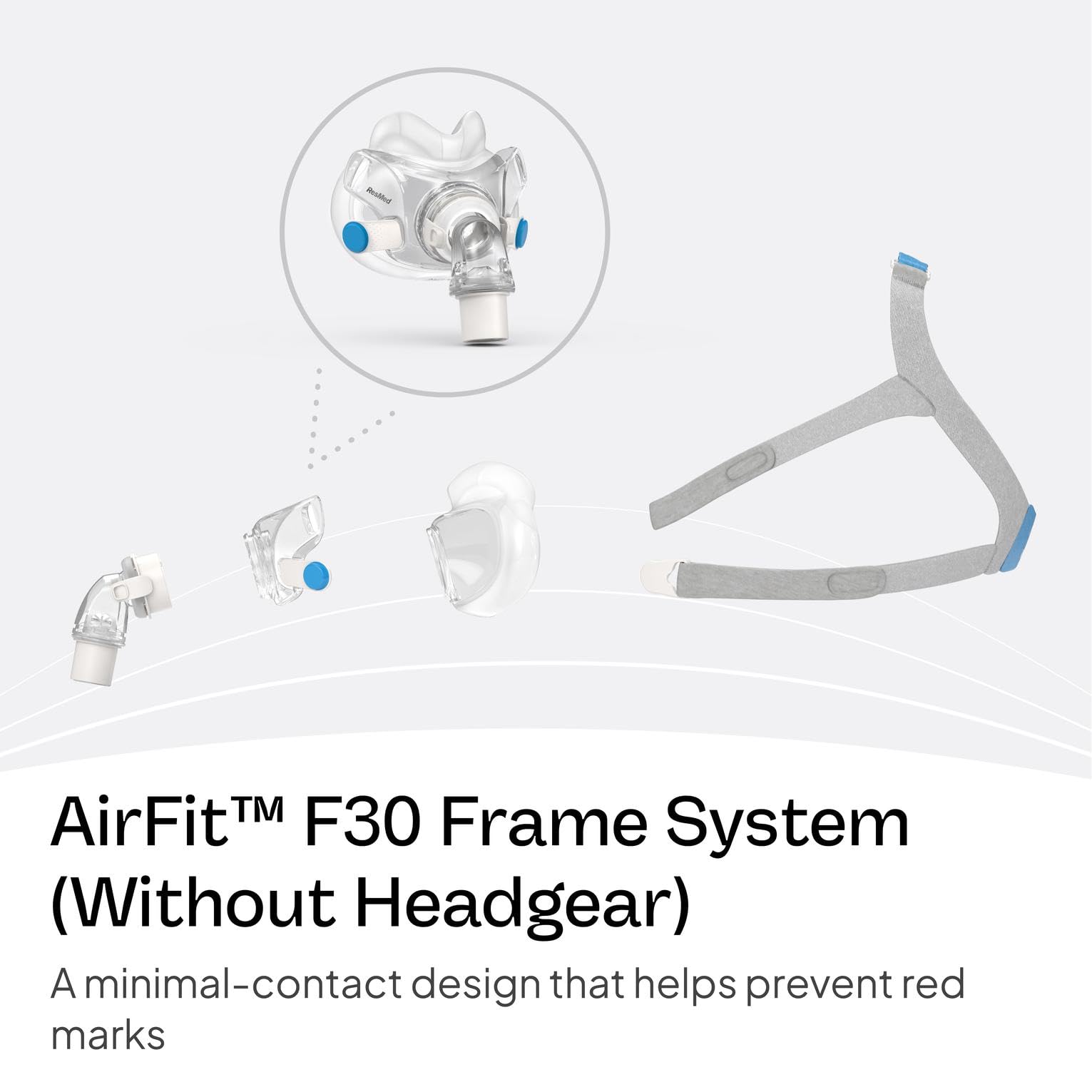 ResMed AirFit F30 full-face cushion provides gentle under-nose support and stable seal.