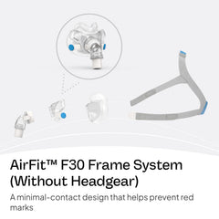 ResMed AirFit F30 full-face cushion provides gentle under-nose support and stable seal.