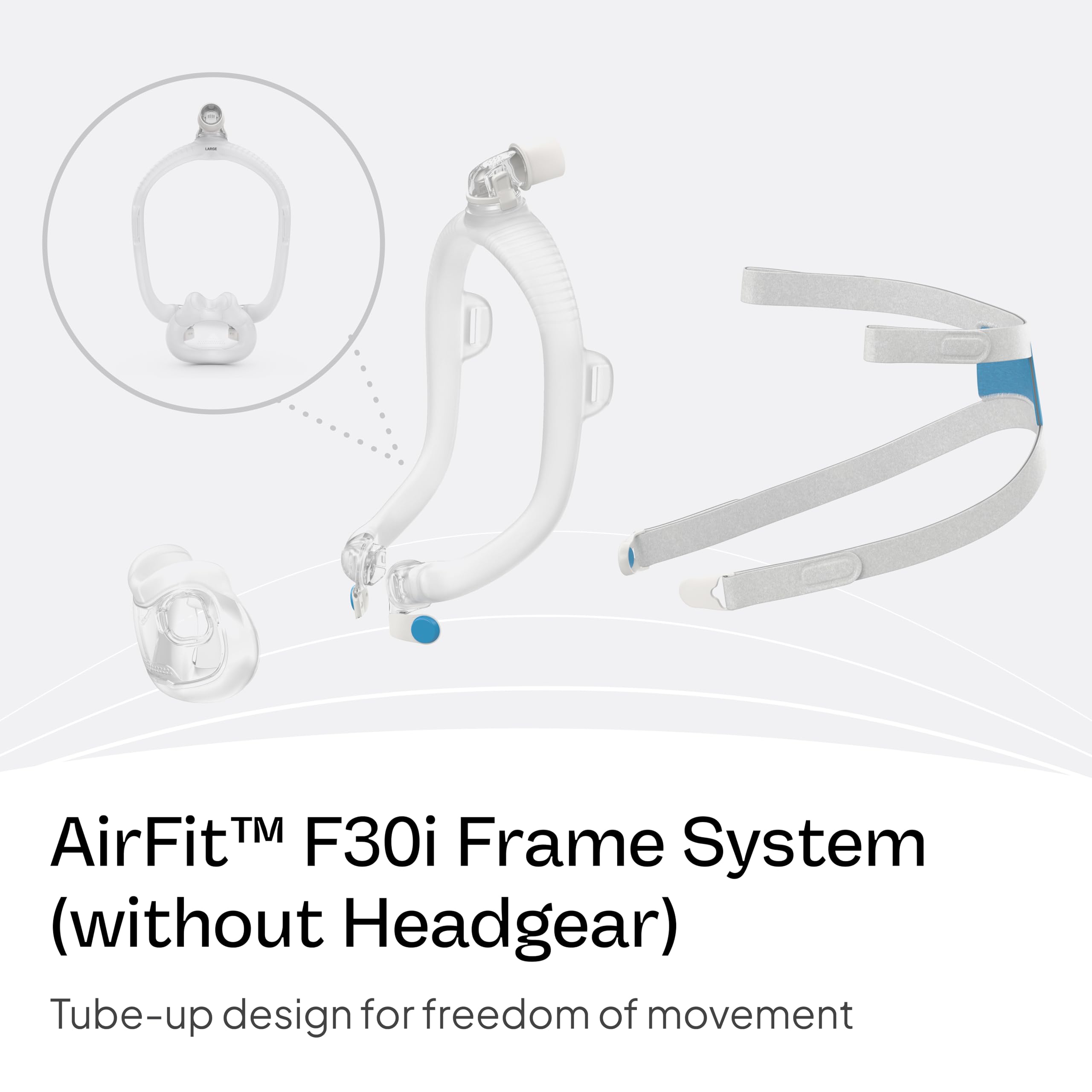 ResMed AirFit F30i frame shows a sleek, unobtrusive design for discreet wear.