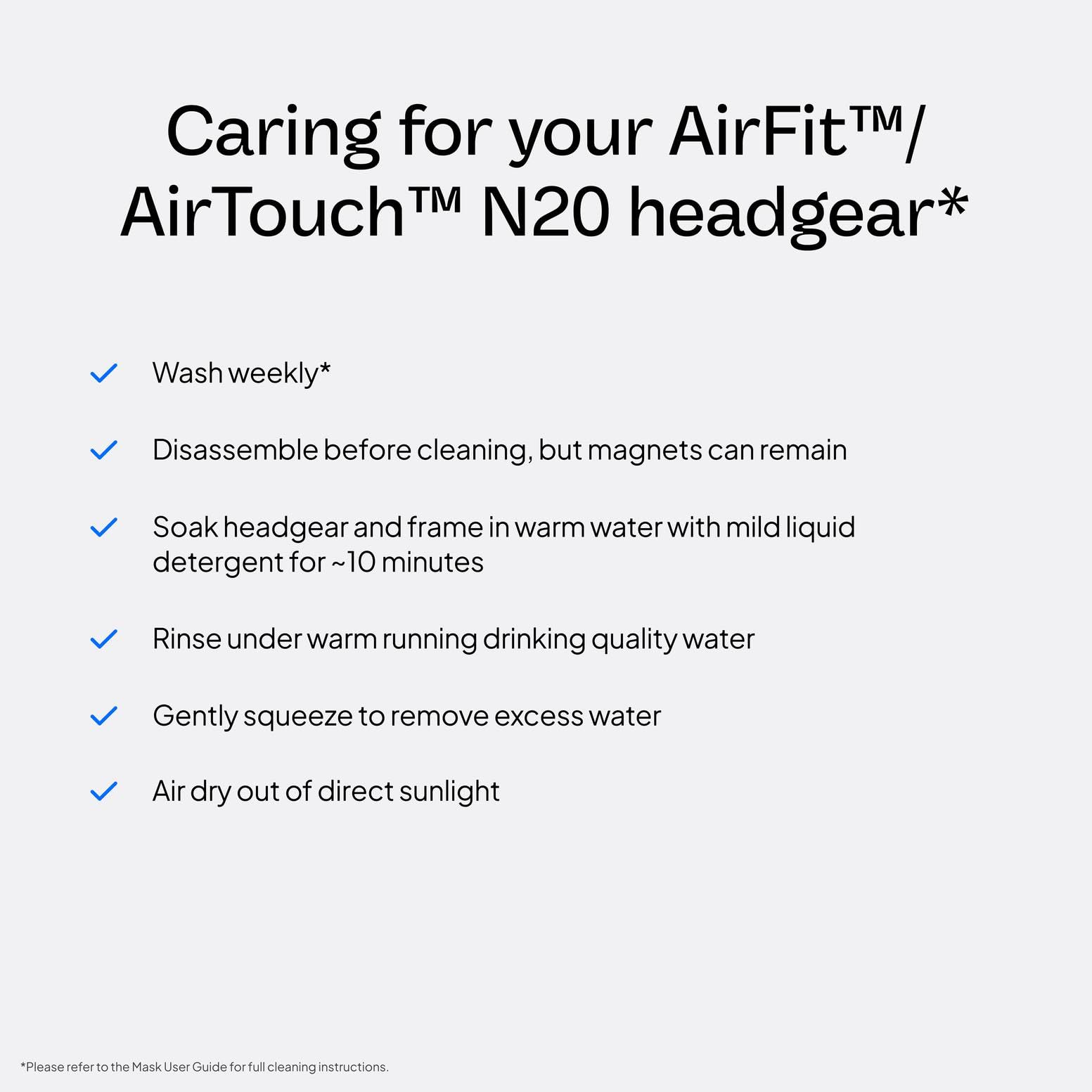 ResMed AirFit N20 headgear blue large with adjustable strap for a customizable fit.