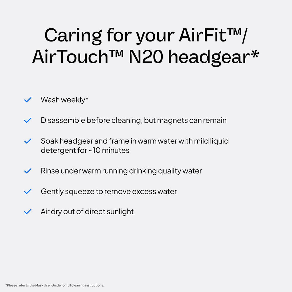 ResMed AirFit N20 headgear blue large with adjustable strap for a customizable fit.