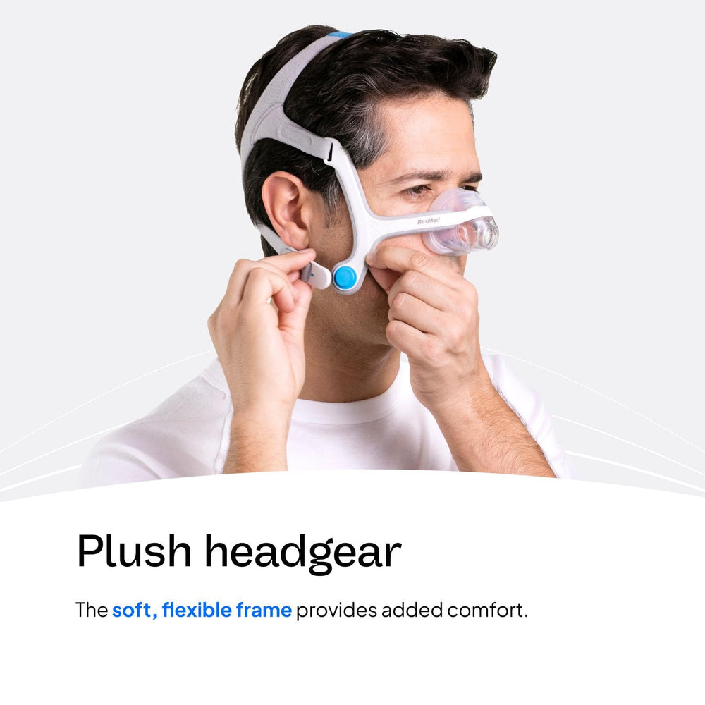 ResMed AirFit N20 headgear blue large features soft-flex fabric for all-night comfort.