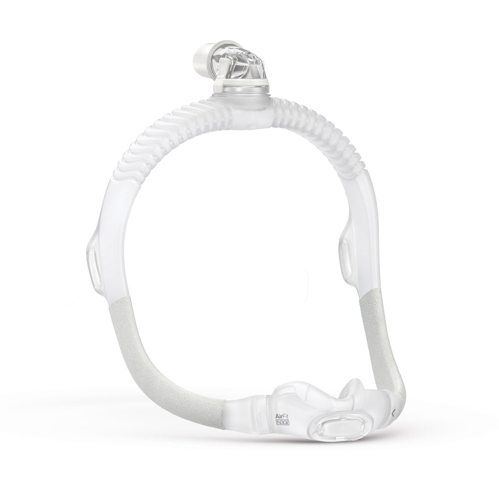 ResMed AirFit N30i frame with elbow and nasal cradle cushions for comfort.