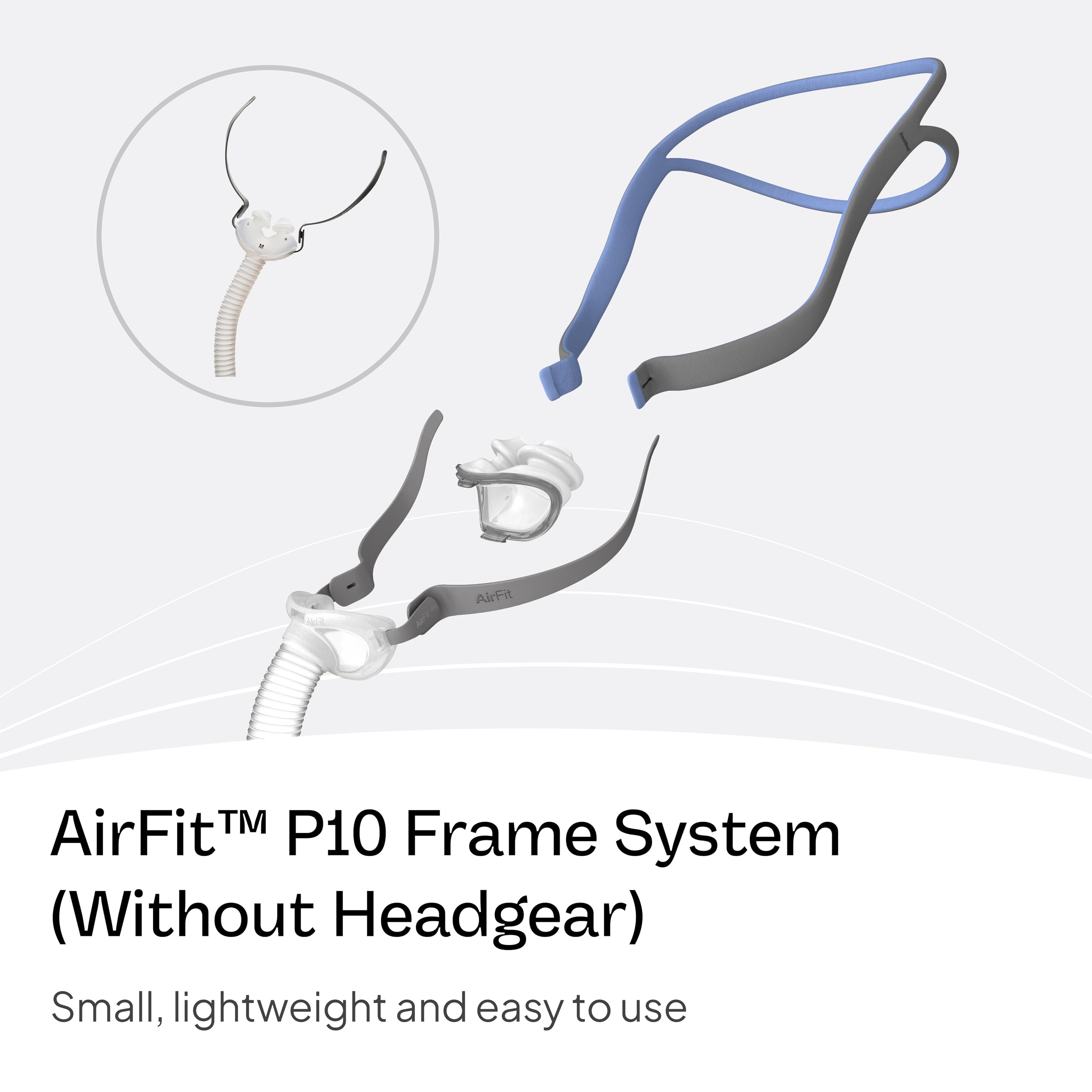 ResMed AirFit P10 short tube demonstrates compact, quiet setup.