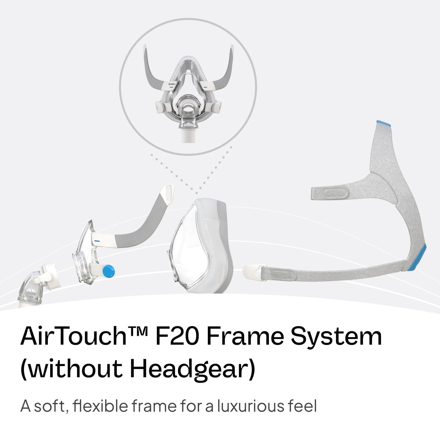 ResMed AirTouch F20 memory foam cushion reduces skin contact irritation.