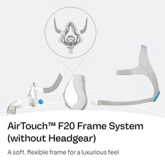 ResMed AirTouch F20 memory foam cushion reduces skin contact irritation.