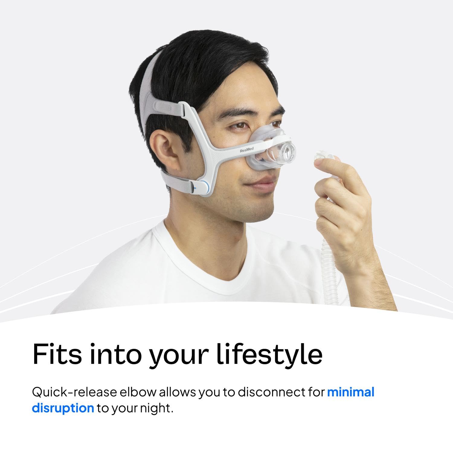 ResMed AirTouch N20 quick-release elbow allows easy disconnection during sleep.