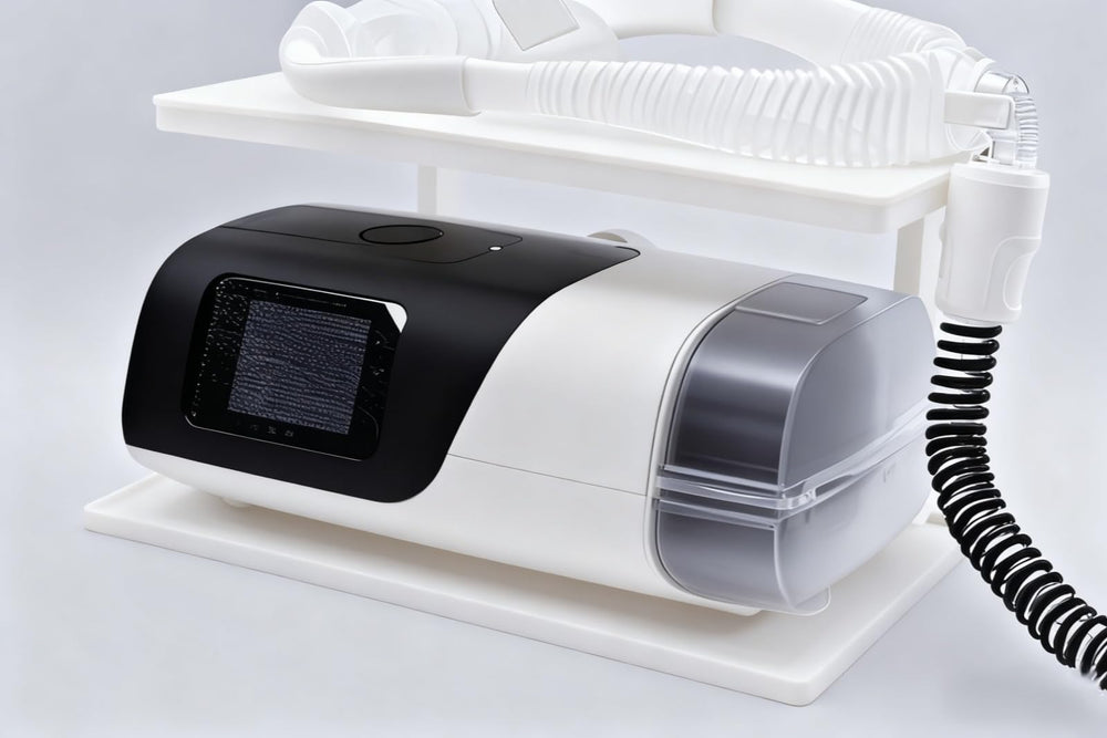 ResMed CPAP bedside shelf shows dual-layer design for organized nightstand.