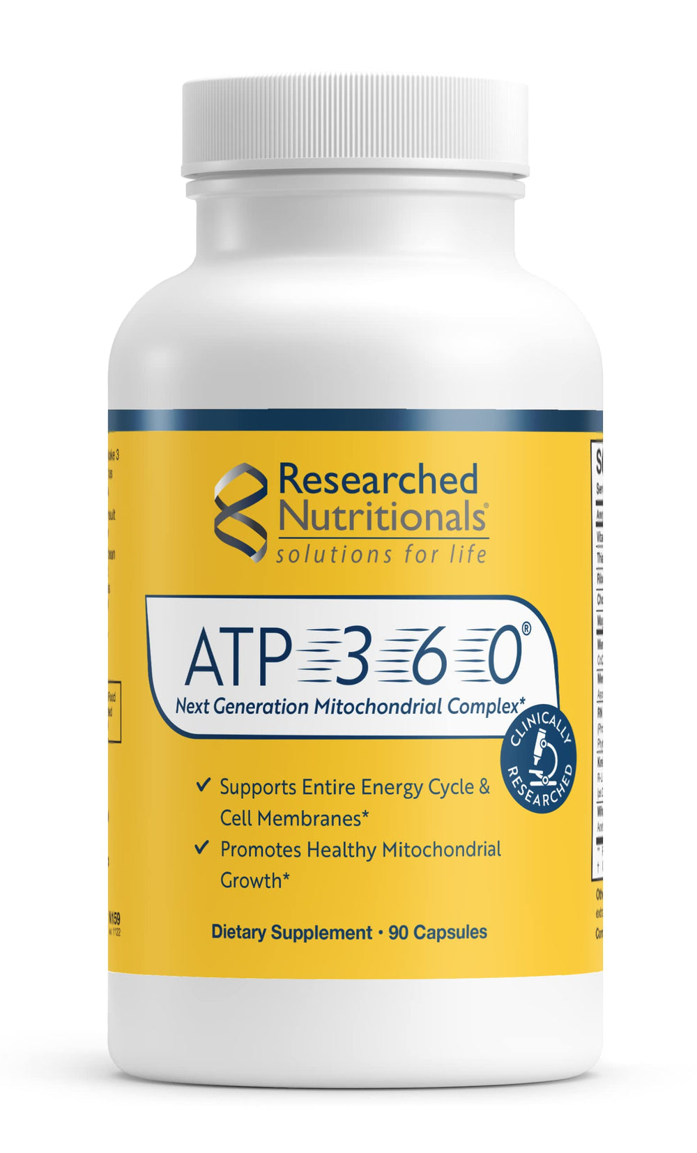 Researched Nutritionals ATP 360 bottle front supports daily energy.