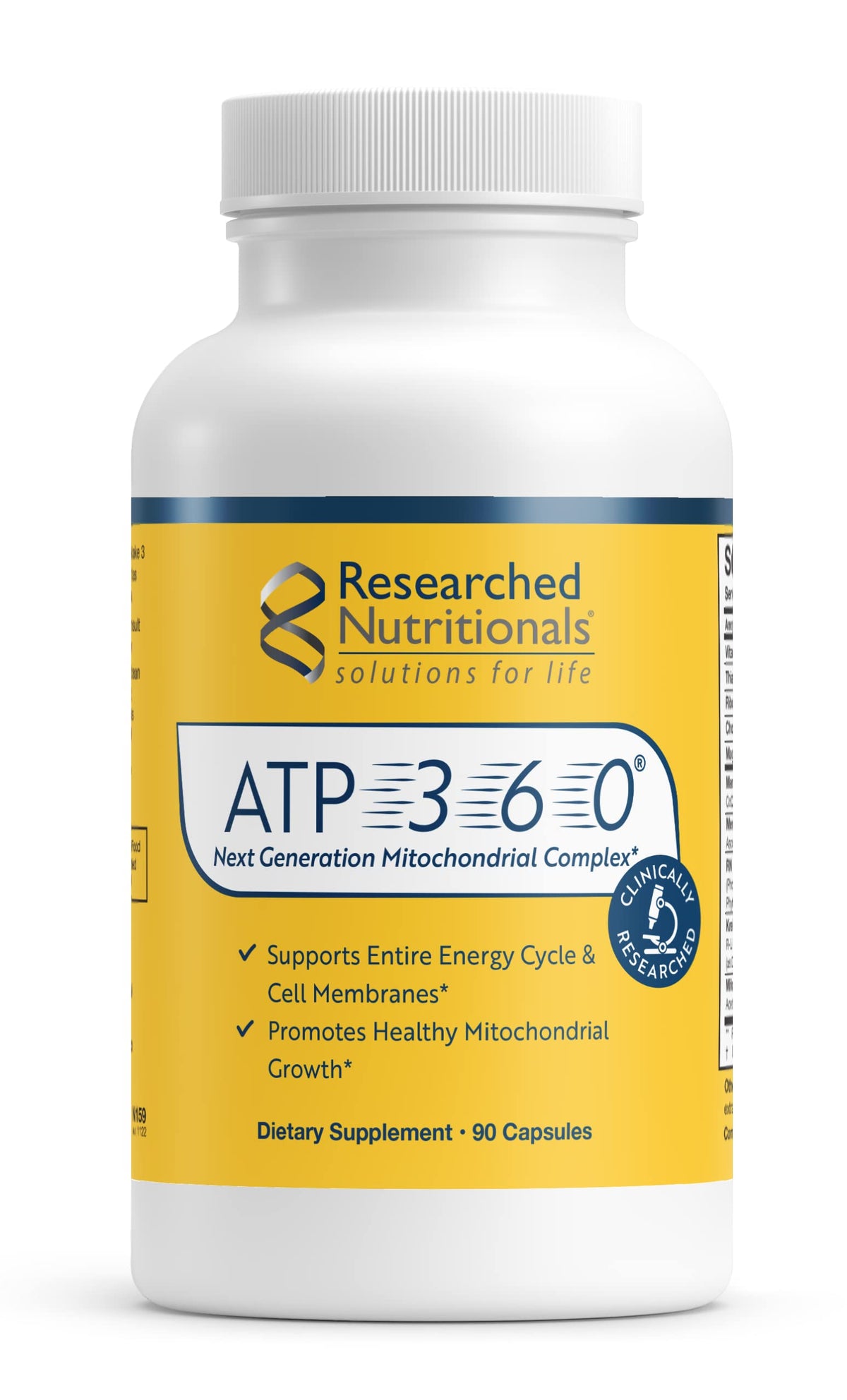 Researched Nutritionals ATP 360 bottle front supports daily energy.