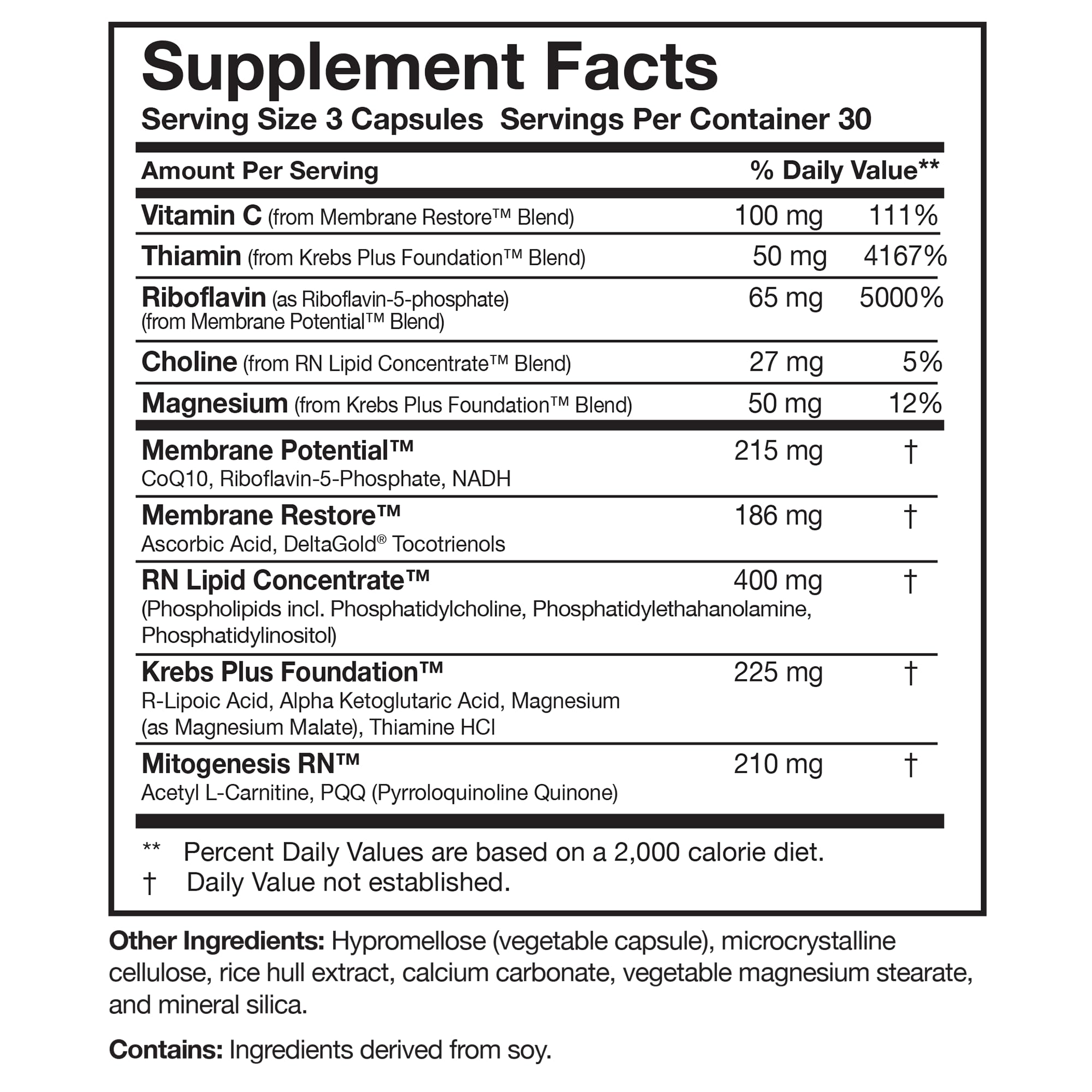 Supplement facts image highlights CoQ10, PQQ, NADH, and R-Lipoic Acid.