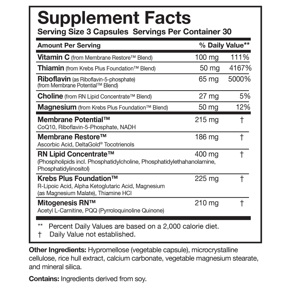 Supplement facts image highlights CoQ10, PQQ, NADH, and R-Lipoic Acid.
