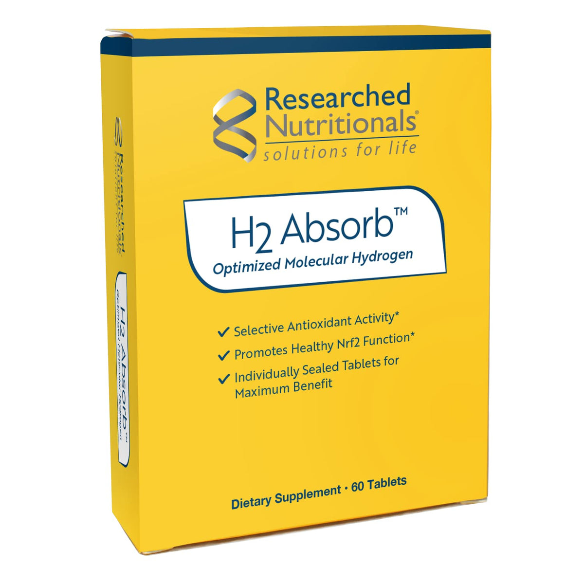 Researched Nutritionals H2 Absorb bottle front view—vegan hydrogen tablets for convenient hydration.