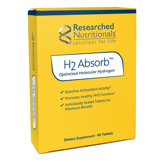 Researched Nutritionals H2 Absorb bottle front view—vegan hydrogen tablets for convenient hydration.