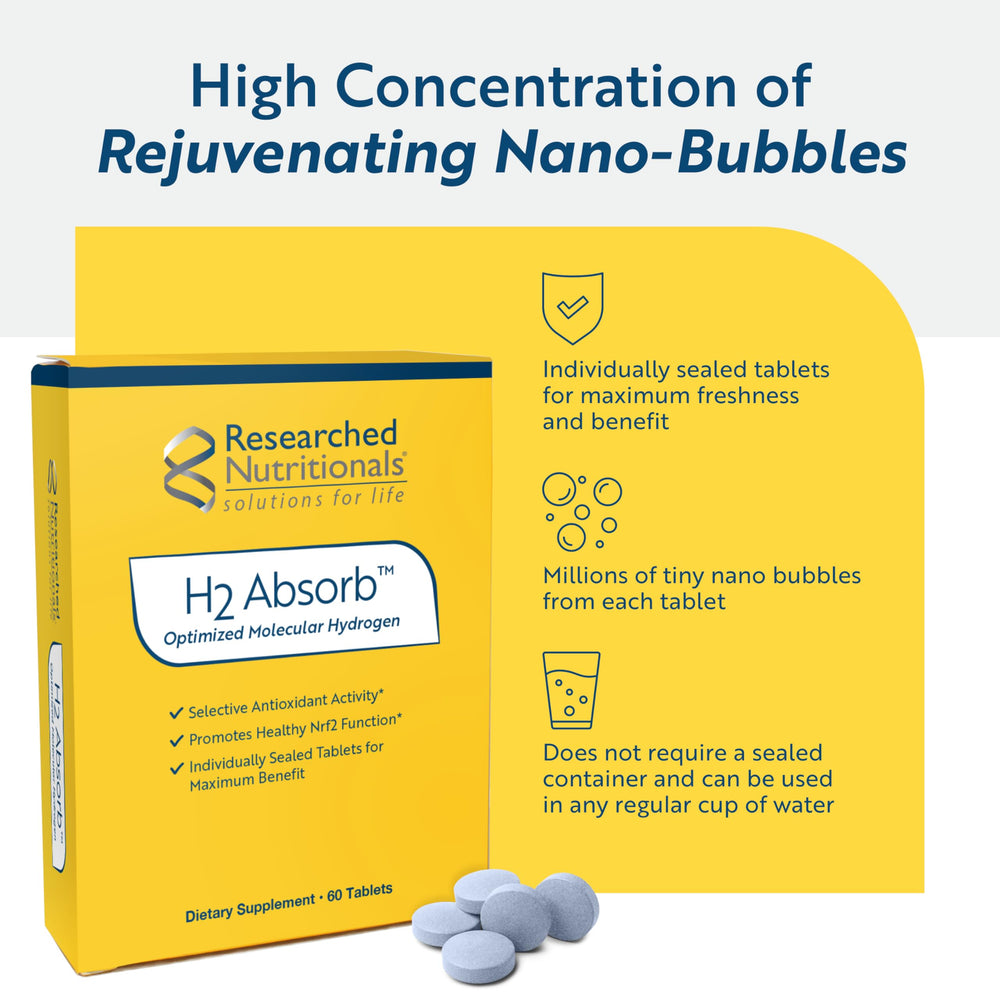 Researched Nutritionals H2 Absorb glass of hydrogen water for quick daily refreshment.