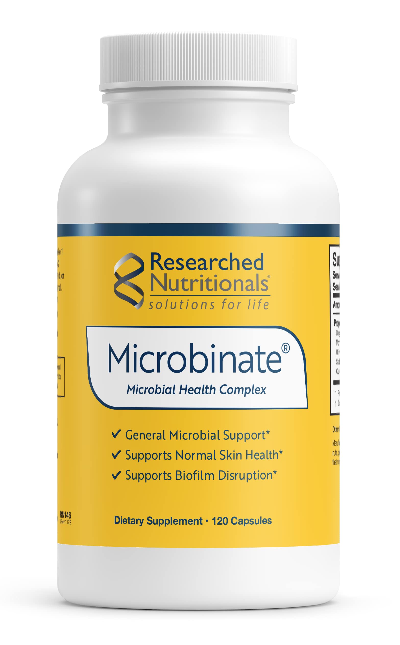 Researched Nutritionals Microbinate bottle label highlighting microbial health support and premium ingredients.