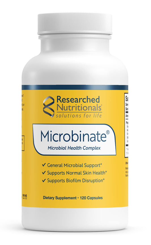 Researched Nutritionals Microbinate bottle label highlighting microbial health support and premium ingredients.