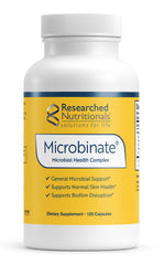 Researched Nutritionals Microbinate bottle label highlighting microbial health support and premium ingredients.