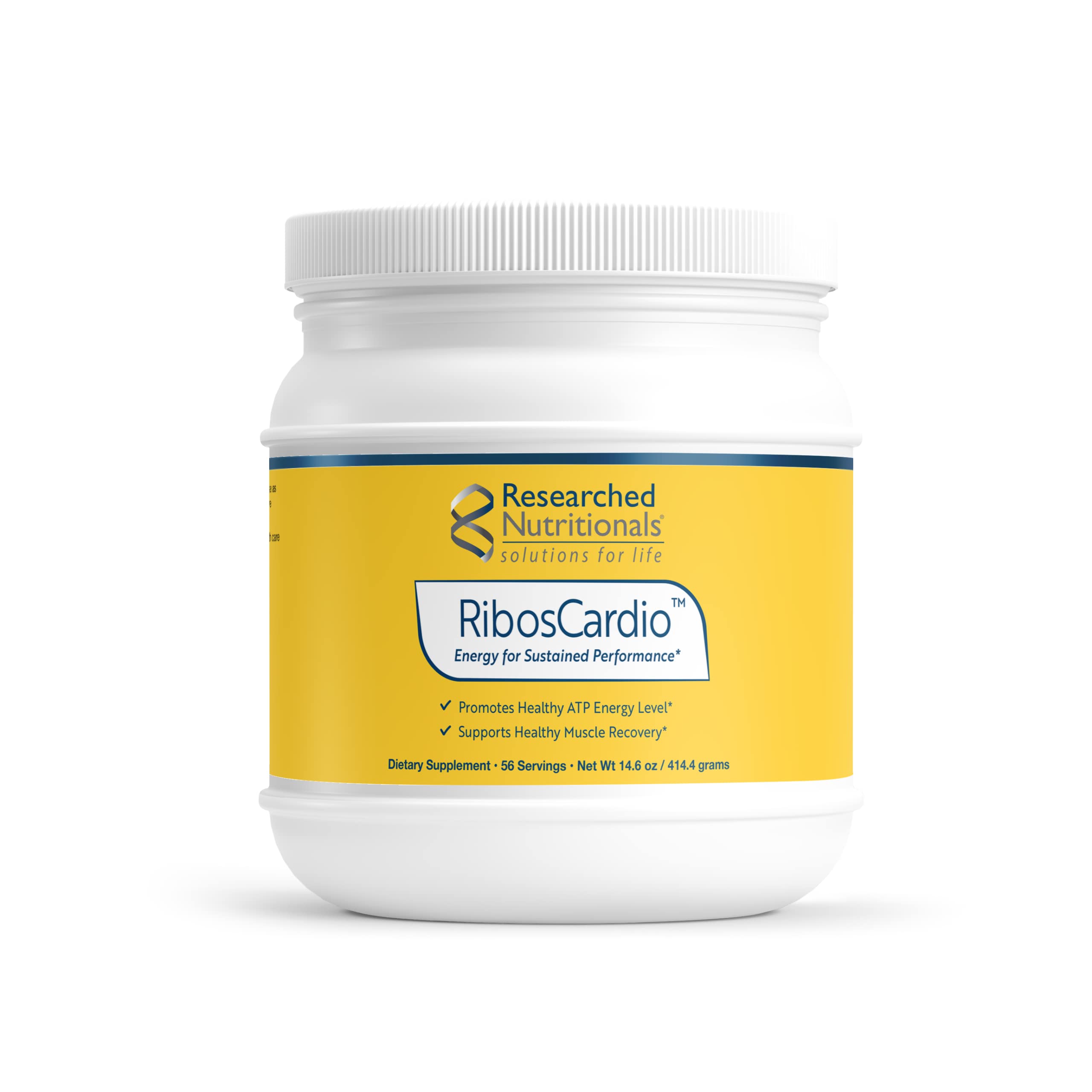 Researched Nutritionals RibosCardio bottle close-up highlighting energy-supporting ingredients