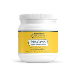 Researched Nutritionals RibosCardio bottle close-up highlighting energy-supporting ingredients