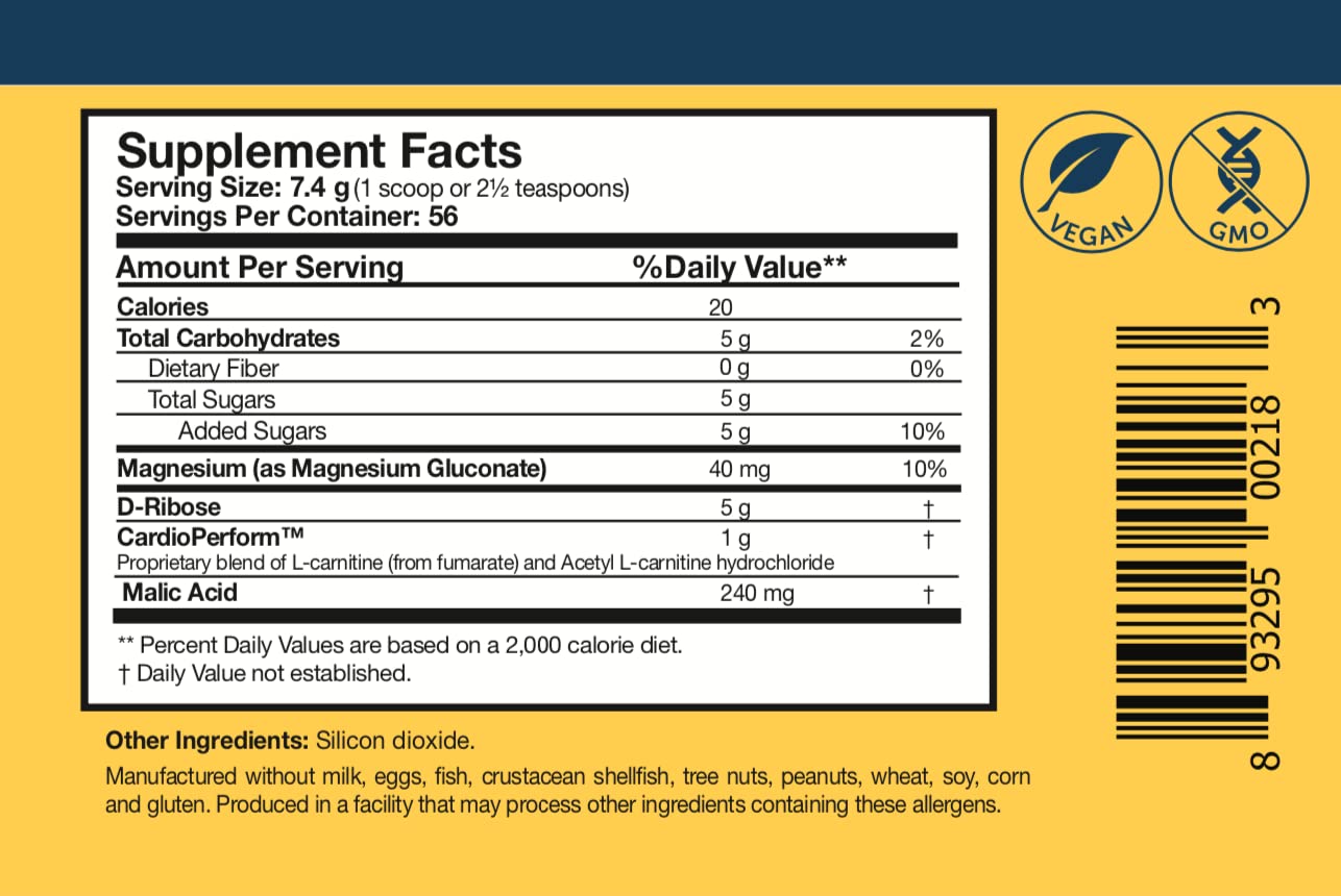RibosCardio ingredient panel emphasizes D ribose and L-carnitine benefits