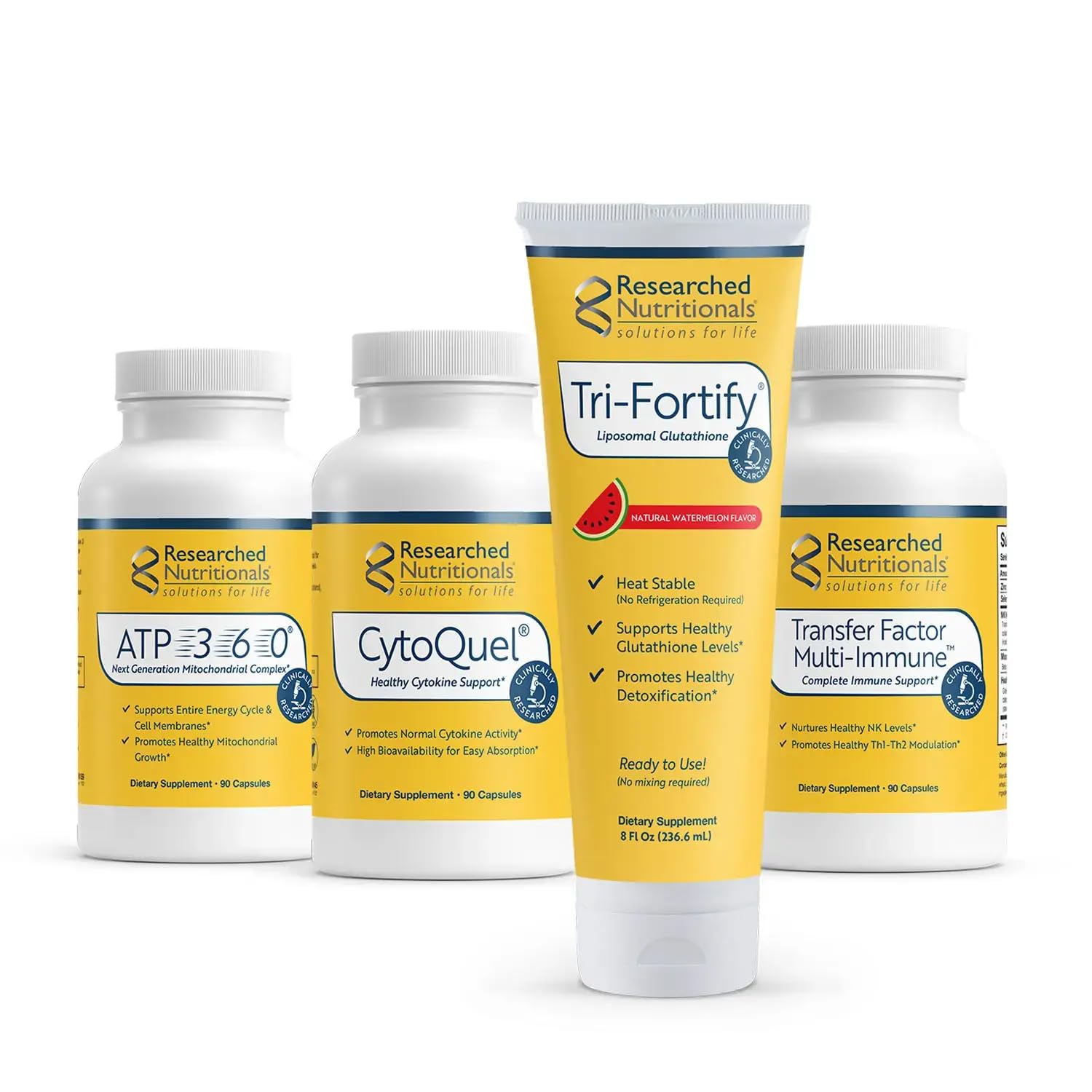 Researched Nutritionals Tri-Fortify Liposomal Glutathione bottle with watermelon flavor for optimized absorption.