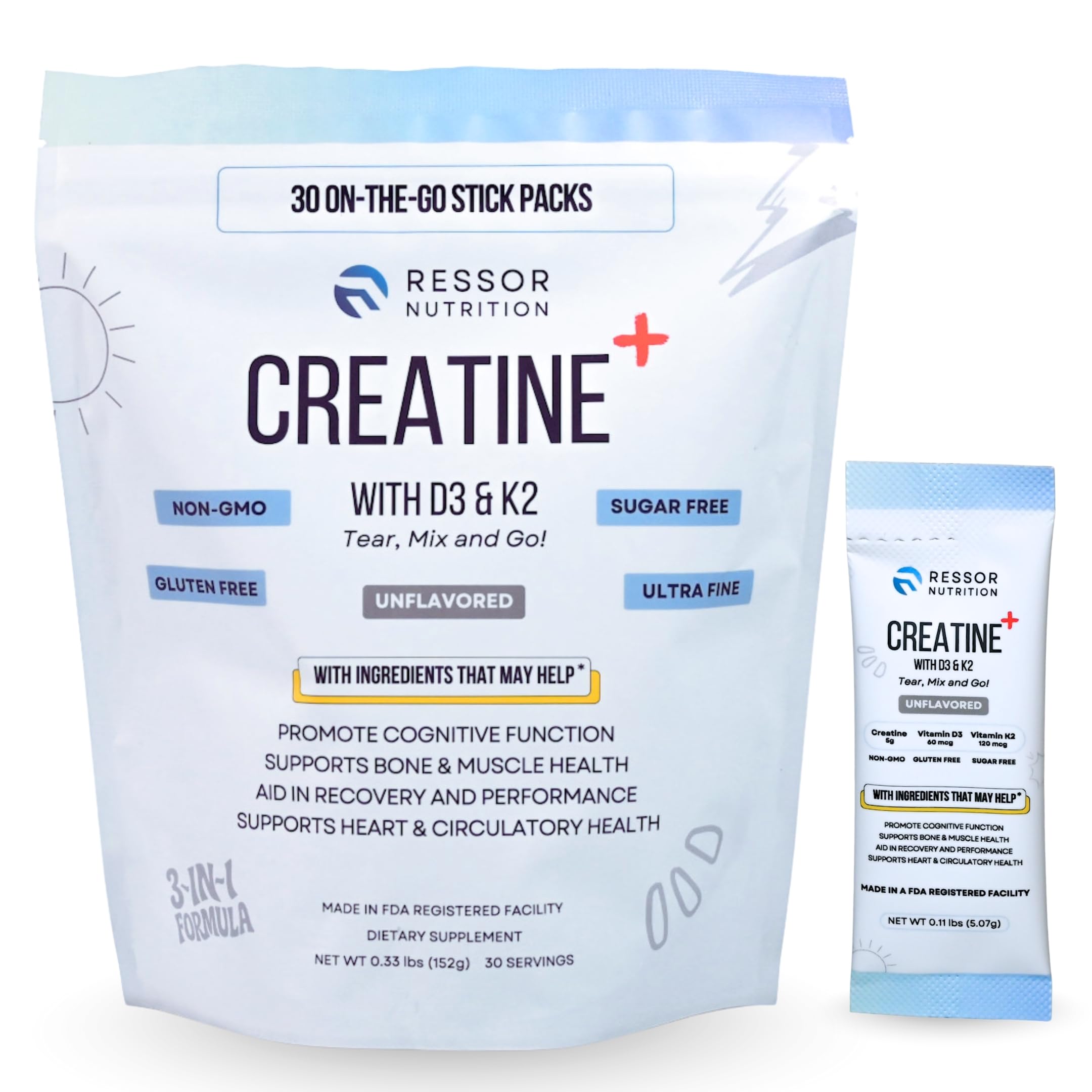 Ressor Creatine monohydrate powder front, ready for workouts and endurance.