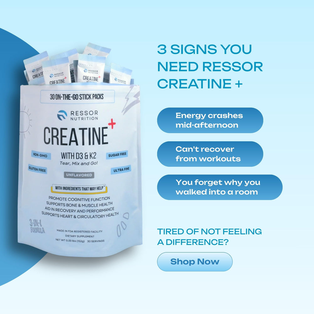 Ressor creatine scoop in pack shows easy single-serve measurement.