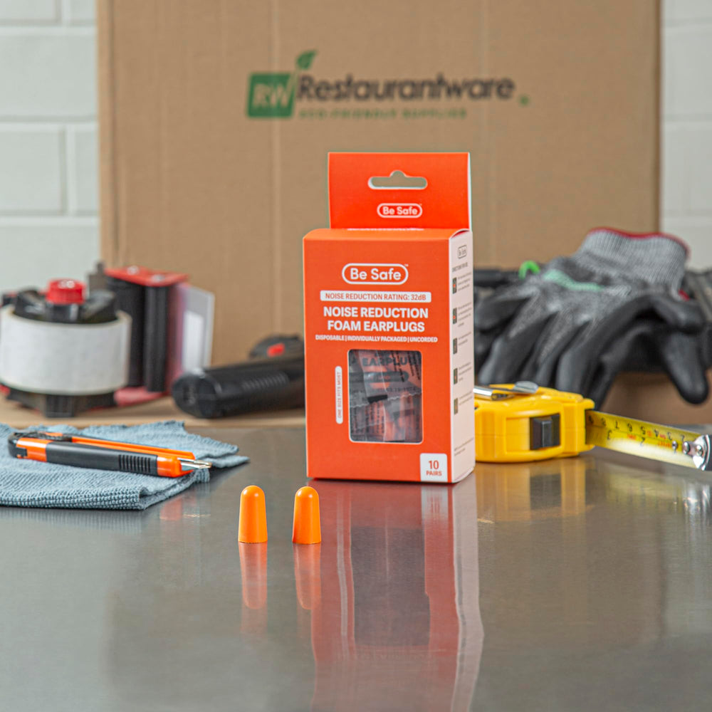 Restaurantware ANSI 32dB-rated earplugs reducing background noise in loud workspaces.