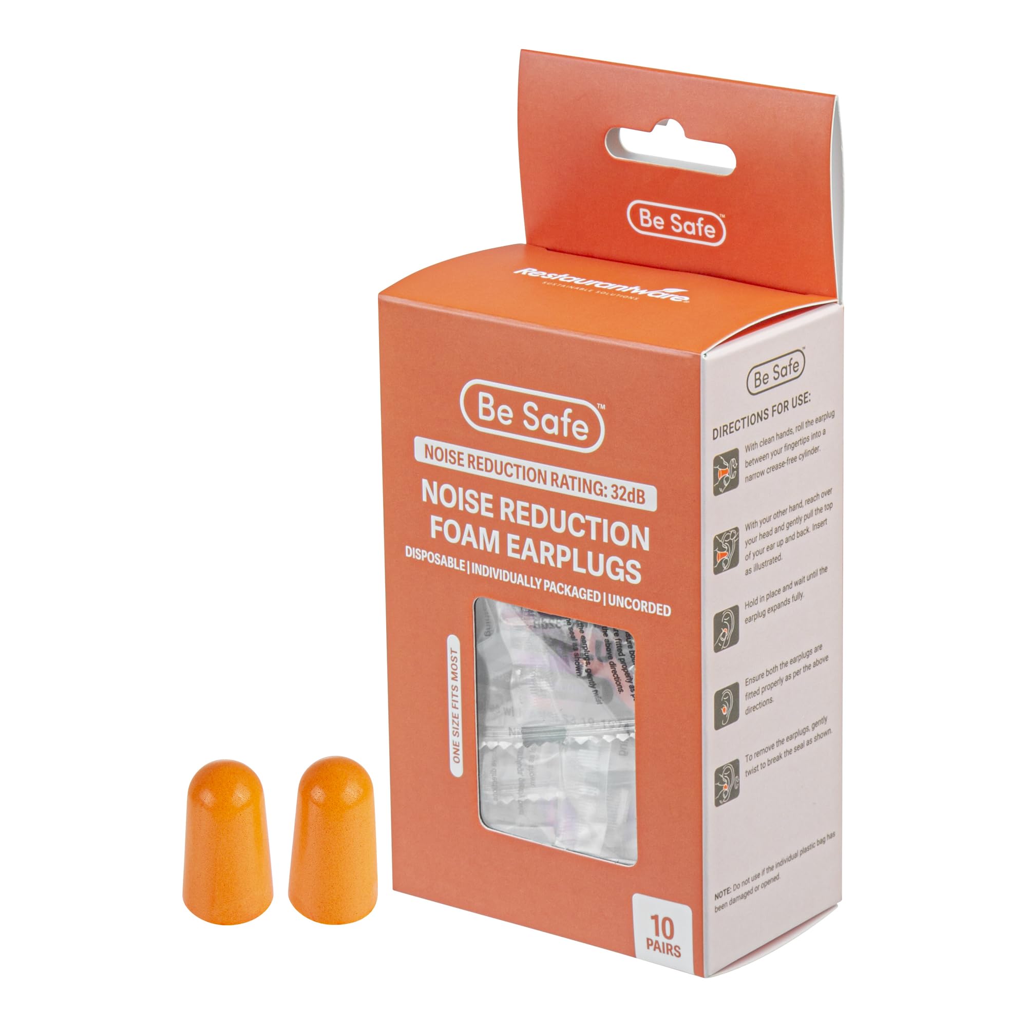 Restaurantware foam earplugs in orange bullet shape for quick hearing protection in busy kitchens.